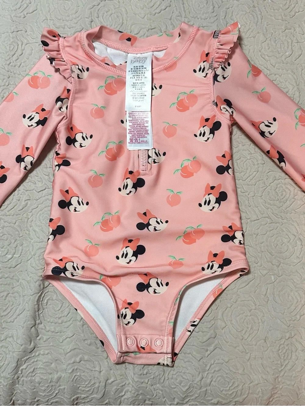 Disney Pink Minnie Mouse Peach Print Long-Sleeve One-Piece